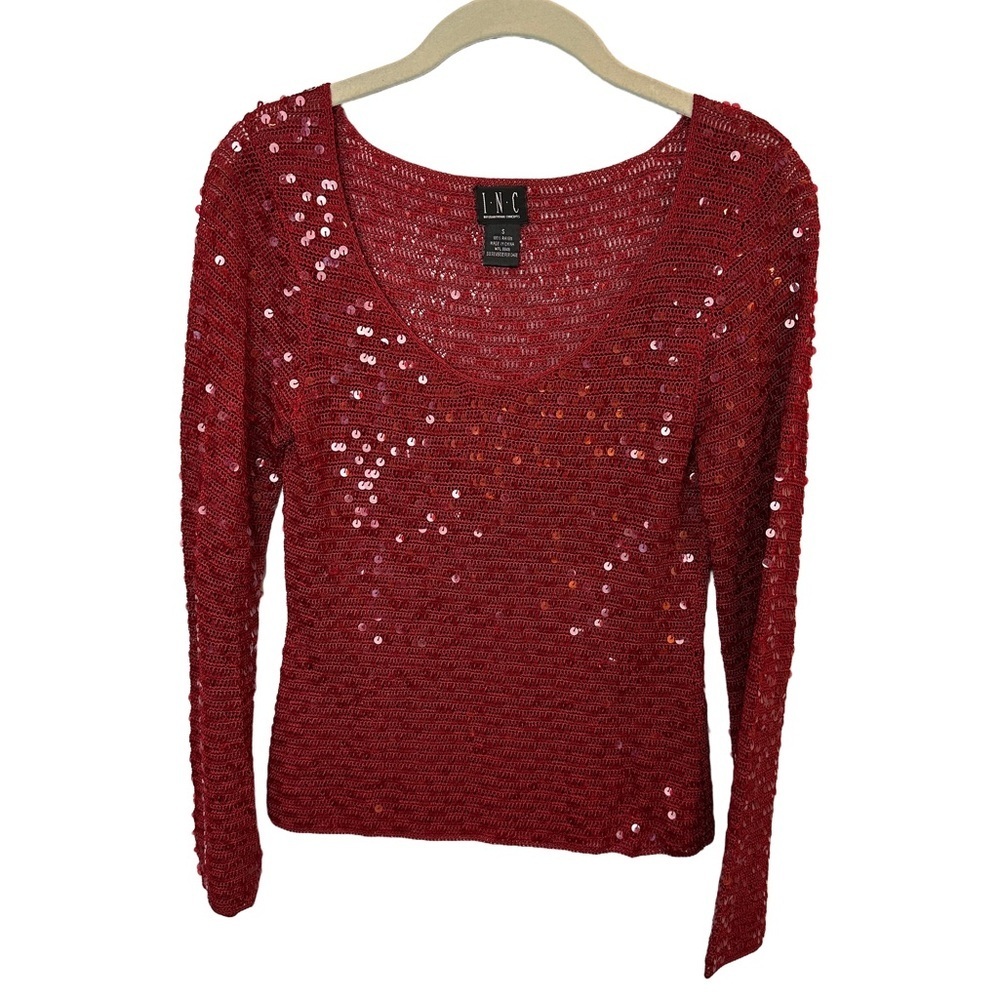INC Burgundy Sequined‎ Scoop Neck Sweater S